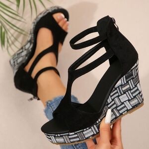 Black Strappy Suede Wedge Sandals